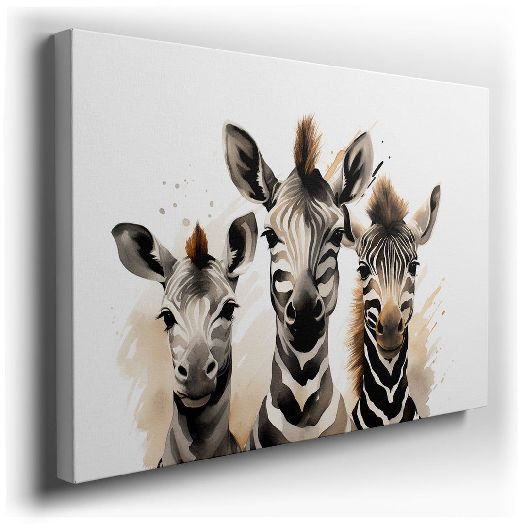 canvas print on wrapped canvas for wall decor – This delightful watercolor wall art presents a captivating scene featuring three zebras, each depicted with a playful an...