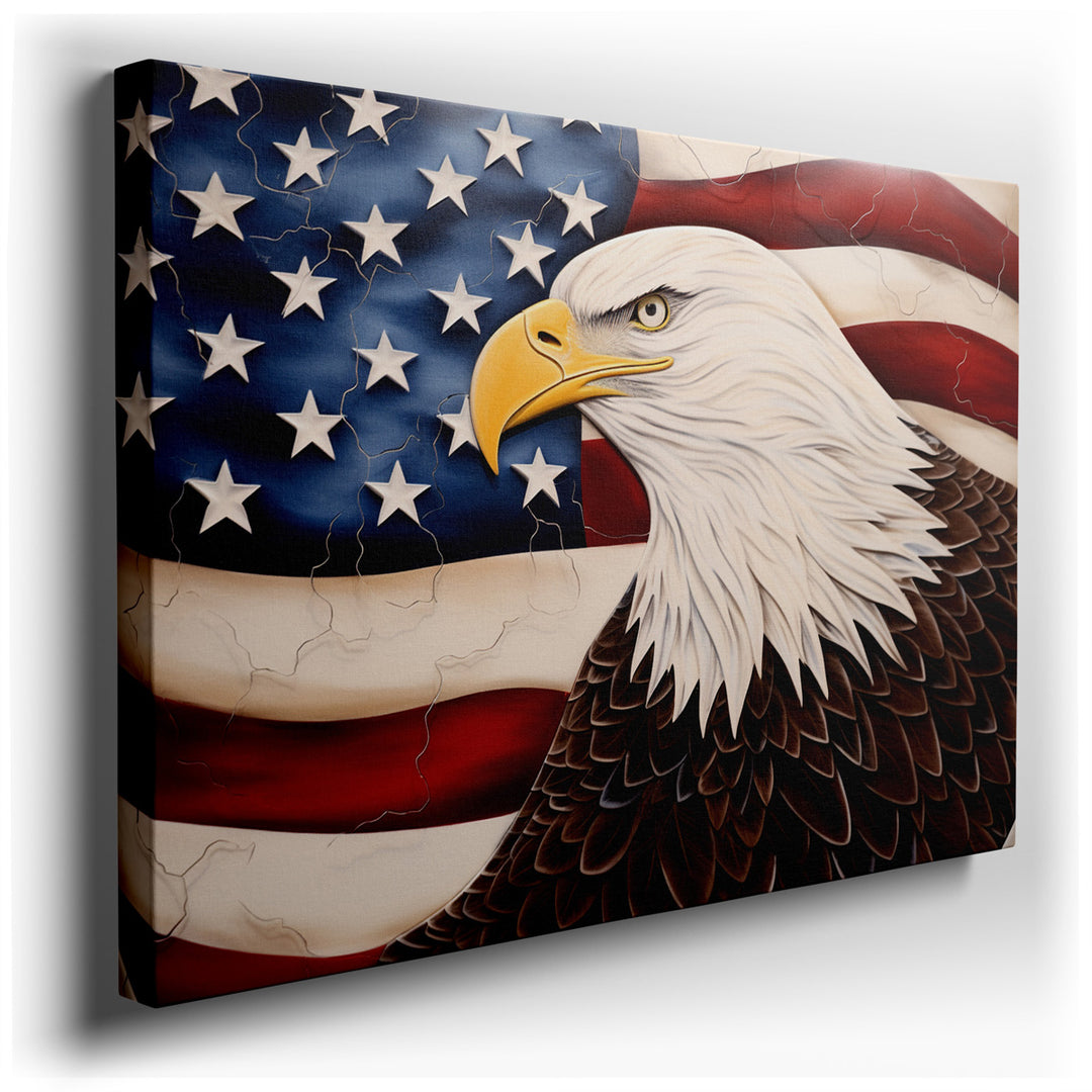 canvas print on wrapped canvas for wall decor – This wall art is a powerful visual ode to American patriotism, featuring a majestic bald eagle set against the iconic ba...