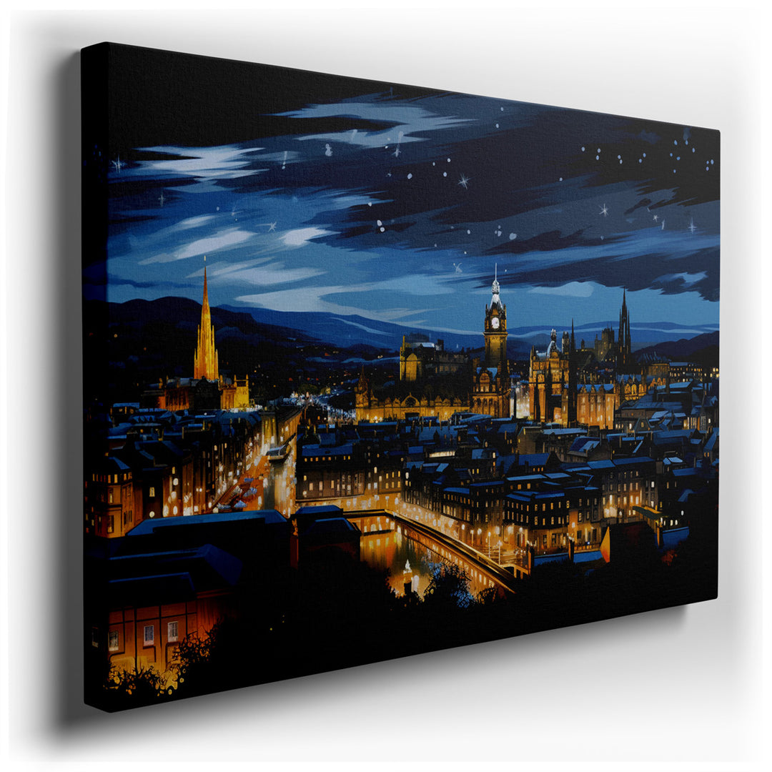 canvas print on wrapped canvas for wall decor – This wall art is a mesmerizing portrayal of Edinburgh's night skyline, a masterpiece that encapsulates the essence of th...