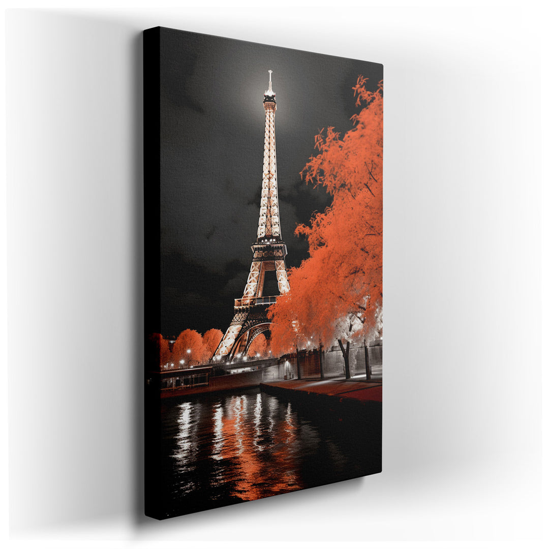 canvas print on wrapped canvas for wall decor – This wall art, a mesmerizing blend of monochrome and vibrant color, captures the iconic Eiffel Tower bathed in striking...