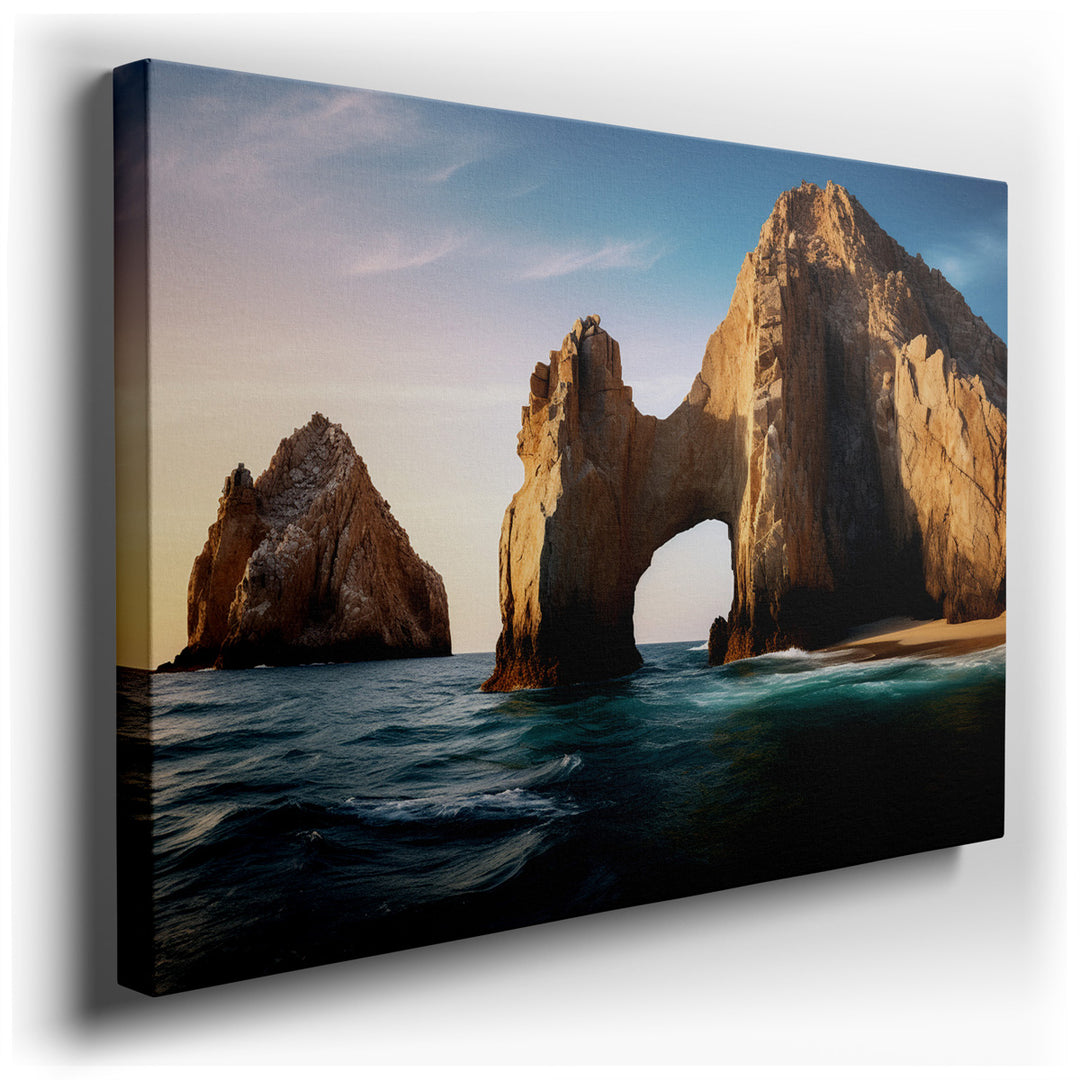 canvas print on wrapped canvas for wall decor – This exquisite wall art portrays the majestic El Arco, a renowned natural arch located at the southern tip of Mexico's B...