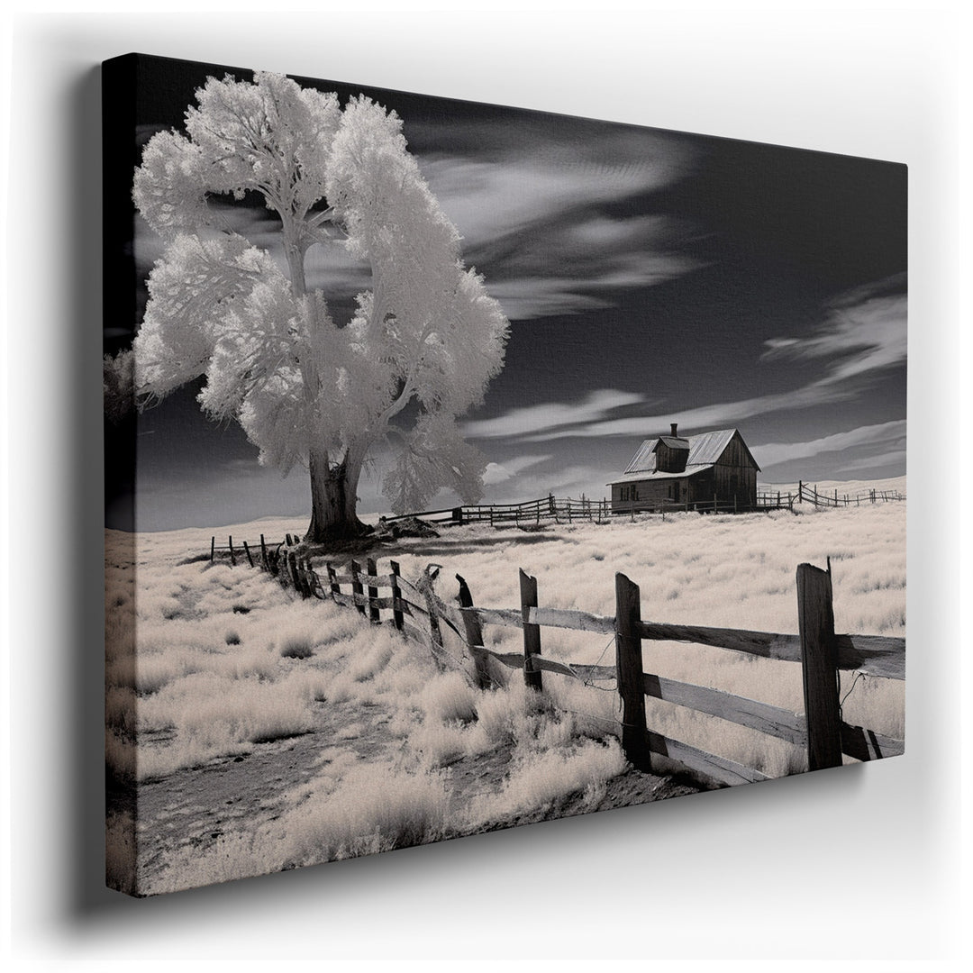 canvas print on wrapped canvas for wall decor – This wall art, a striking composition in black and white, masterfully captures a scene that stirs the soul with its haun...