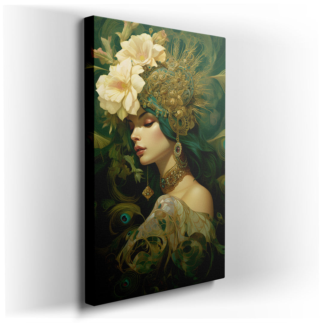 canvas print on wrapped canvas for wall decor – This wall art, a masterful depiction of femininity intertwined with the natural world, portrays an elegant woman adorned...