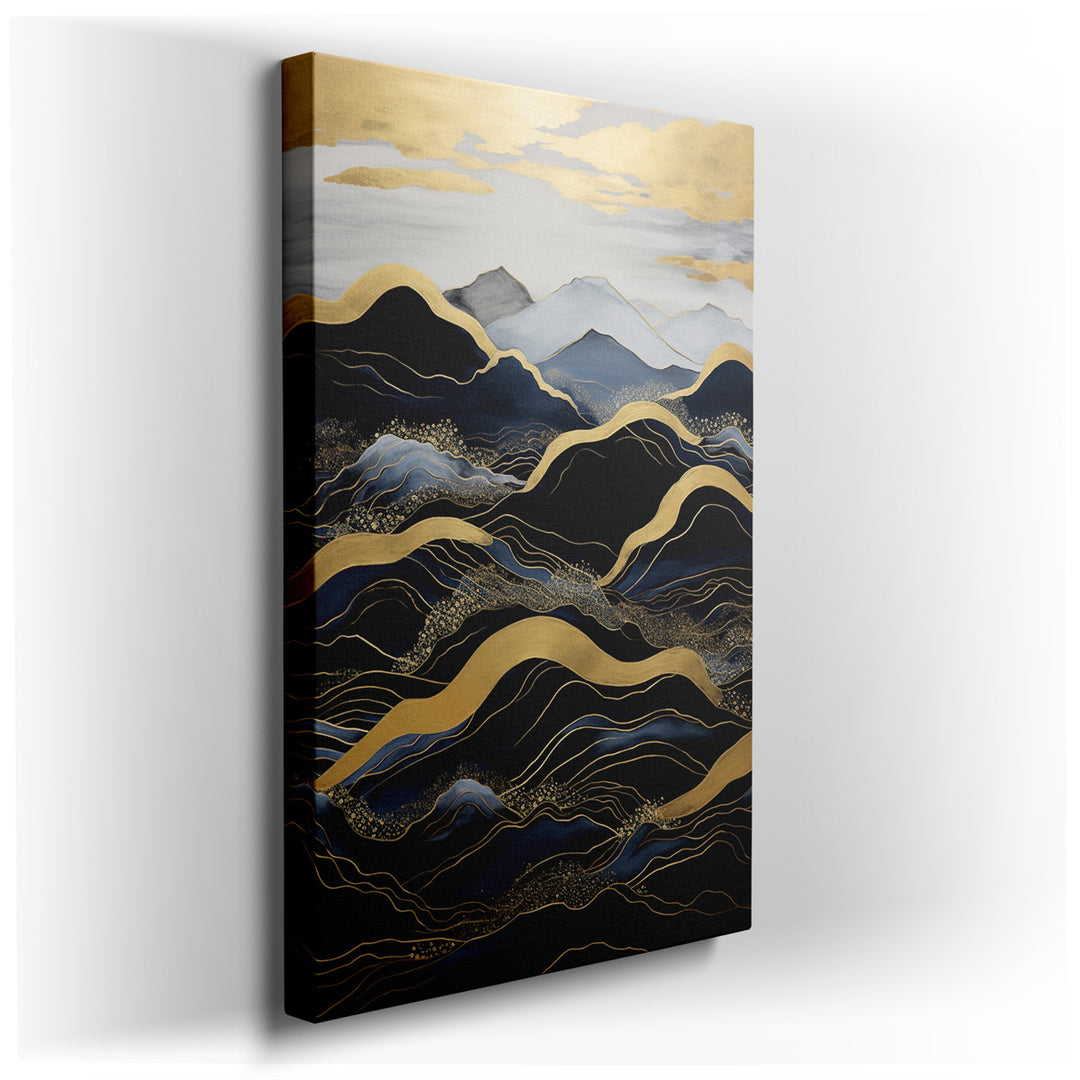 canvas print on wrapped canvas for wall decor – This exquisite wall art captures the essence of a majestic mountain landscape, masterfully rendered with a palette of bl...
