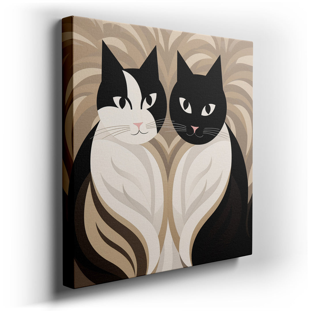 canvas print on wrapped canvas for wall decor – This exquisite wall art captures the essence of feline grace and companionship through the portrayal of two stylized bla...