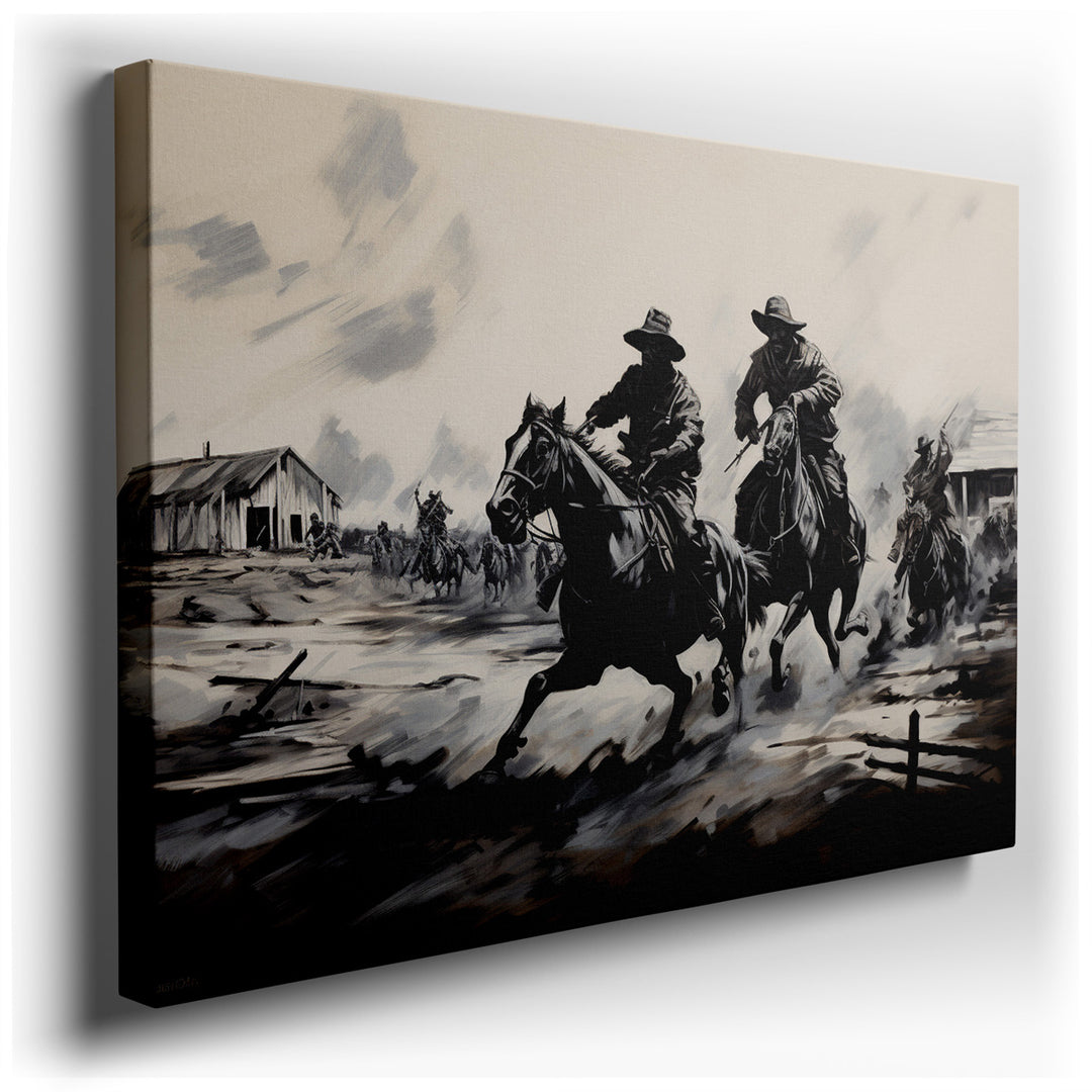 canvas print on wrapped canvas for wall decor – This captivating wall art, rendered in striking black and white, masterfully captures a group of horsemen in full gallop...
