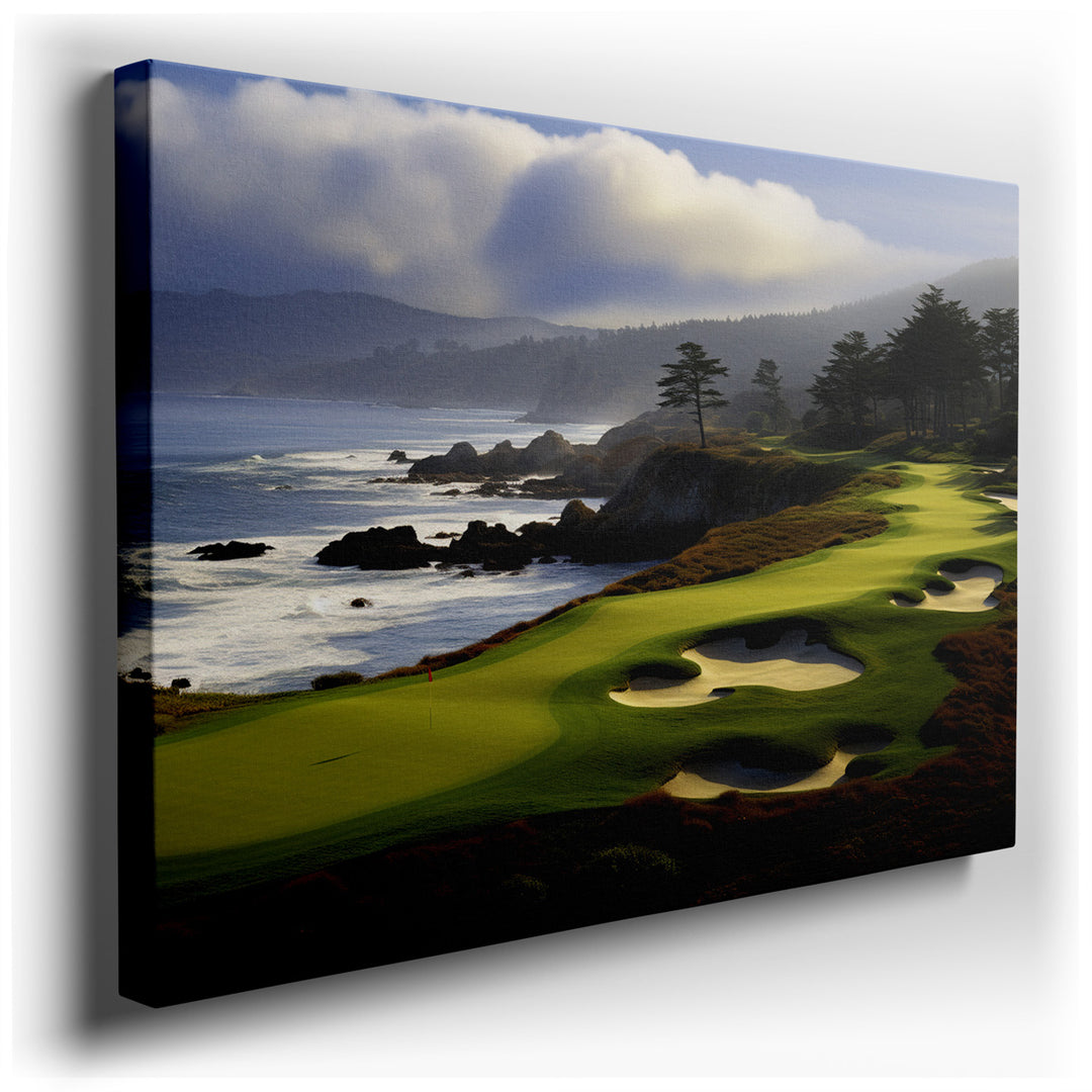 canvas print on wrapped canvas for wall decor – This wall art captures the essence of a serene yet invigorating coastal golf course, where the lushness of manicured fai...