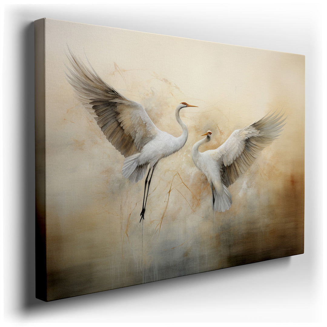 canvas print on wrapped canvas for wall decor – This exquisite wall art, portraying a flock of cranes soaring through the sky, is a masterpiece of visual poetry and gra...