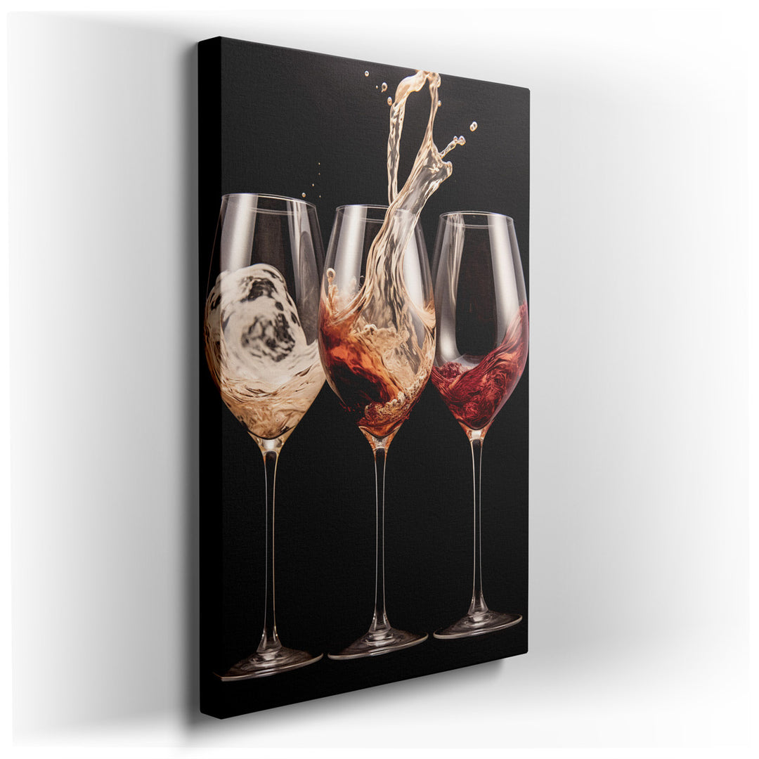 canvas print on wrapped canvas for wall decor – This captivating wall art vividly portrays an array of wines, each cascading into elegant glasses with a dynamic sense o...