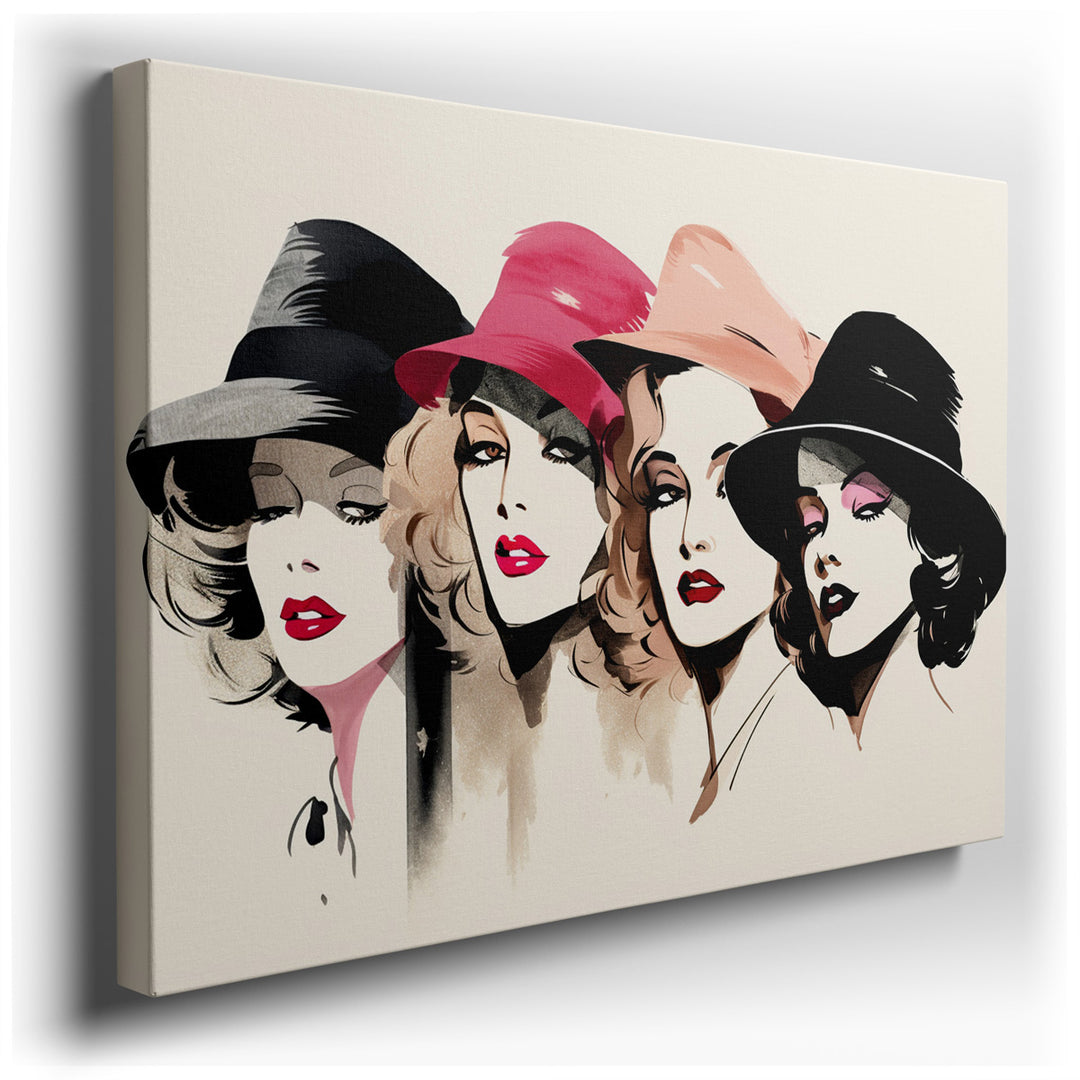 canvas print on wrapped canvas for wall decor – This enchanting wall art captures the essence of vintage elegance through the depiction of four stylish women, each ador...