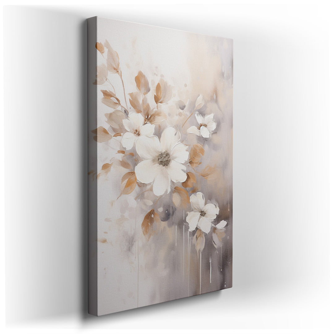 canvas print on wrapped canvas for wall decor – This exquisite floral wall art, adorned with white and beige blossoms highlighted by delicate gold accents, exudes an ai...