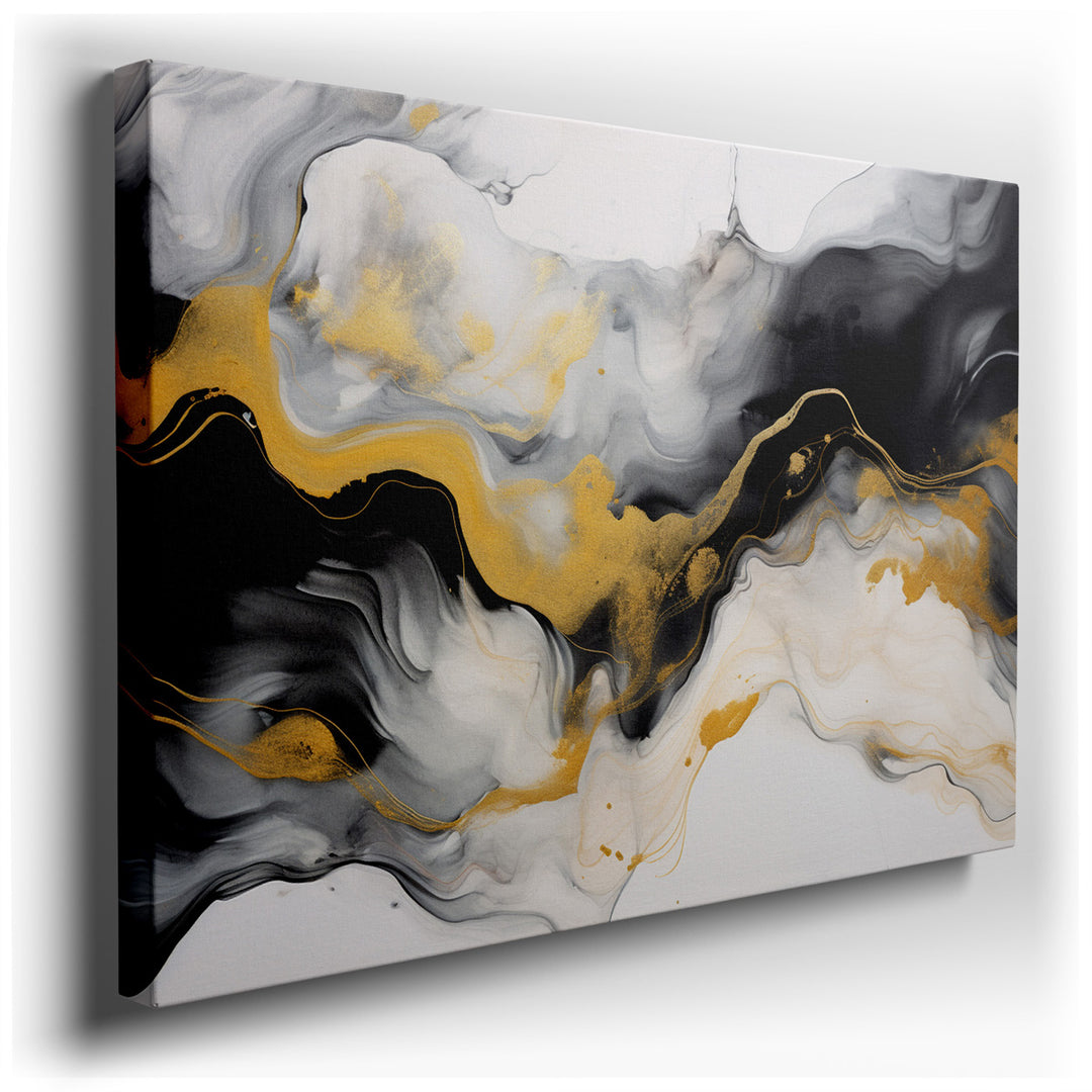 canvas print on wrapped canvas for wall decor – This exquisite wall art is a masterful display of abstract artistry, where rich blacks and striking gold elements conver...