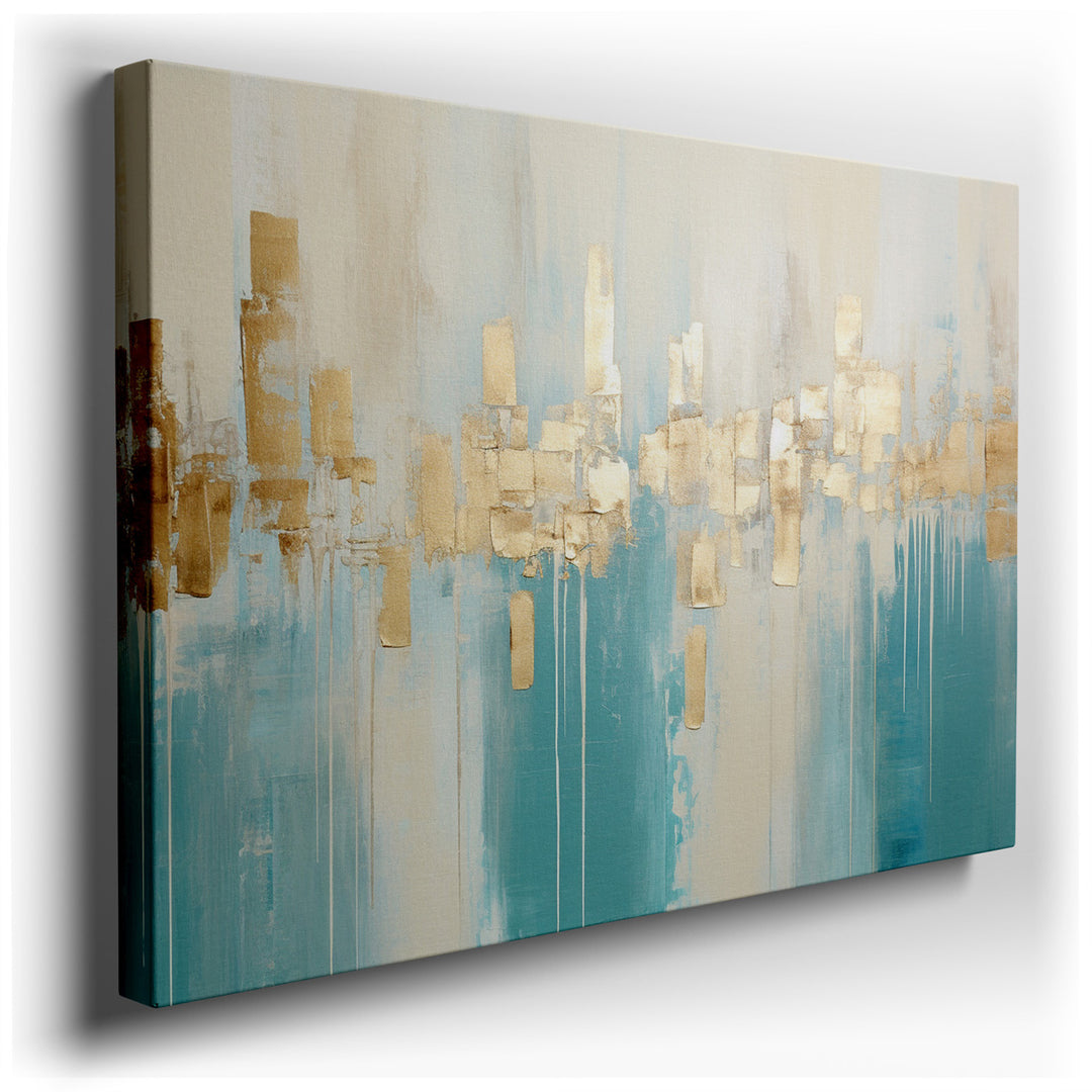 canvas print on wrapped canvas for wall decor – This wall art is a captivating masterpiece of abstract art, characterized by its shimmering gold and rich aqua blocks th...
