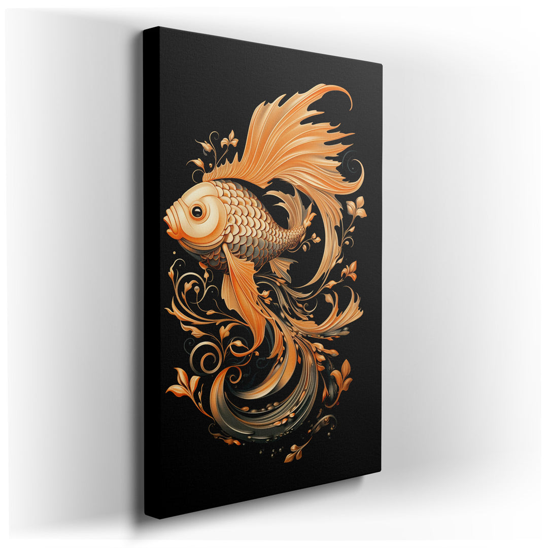 canvas print on wrapped canvas for wall decor – This exquisite wall art captures the essence of elegance and sophistication through its depiction of a goldfish, rendere...
