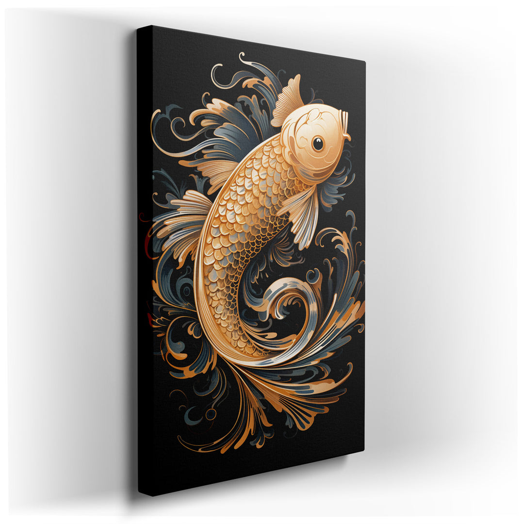 canvas print on wrapped canvas for wall decor – This wall art, a masterful depiction of an ornate goldfish, is a celebration of the aquatic world, rendered with a metic...