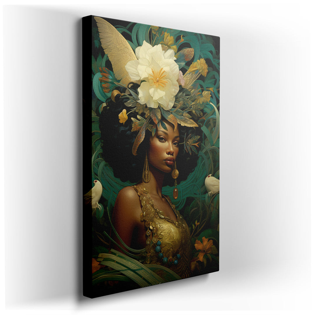 canvas print on wrapped canvas for wall decor – This wall art, a captivating portrayal of a graceful woman adorned with an elaborate floral crown, is a masterpiece that...