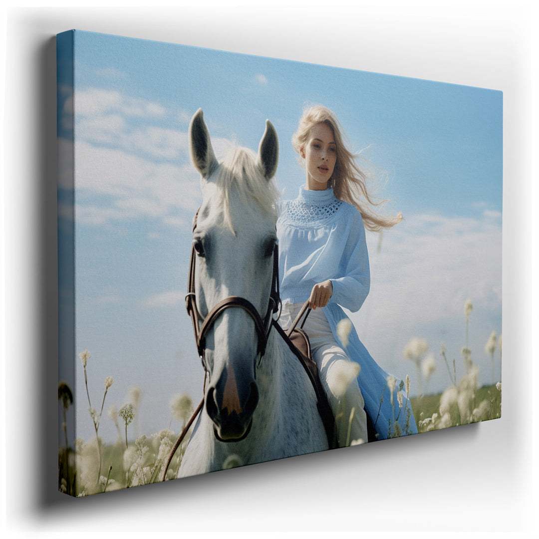 canvas print on wrapped canvas for wall decor – This enchanting wall art portrays a graceful woman astride a majestic white horse, set against a backdrop of a clear blu...