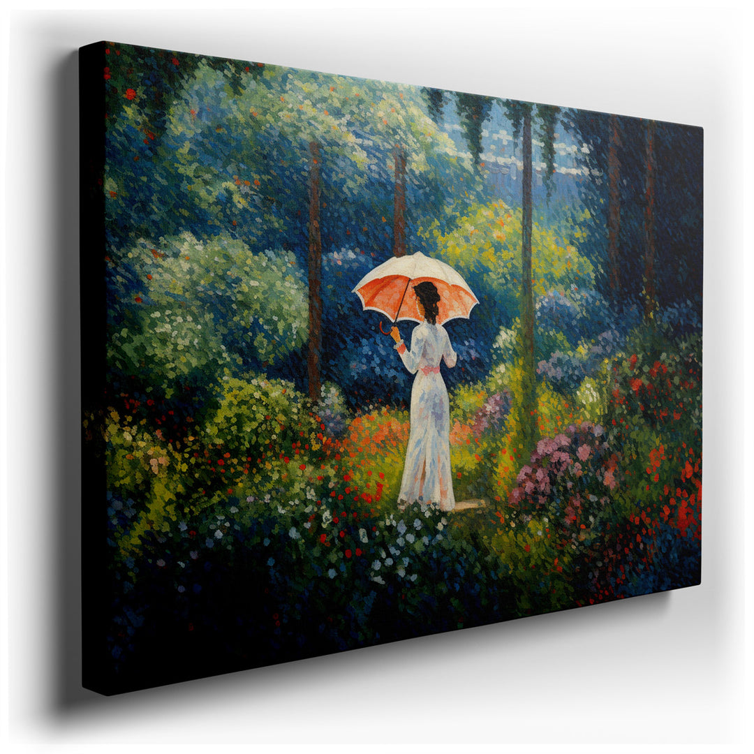 canvas print on wrapped canvas for wall decor – The wall art in question is a captivating portrayal of a graceful woman, standing serenely amidst a lush, vibrant garden...