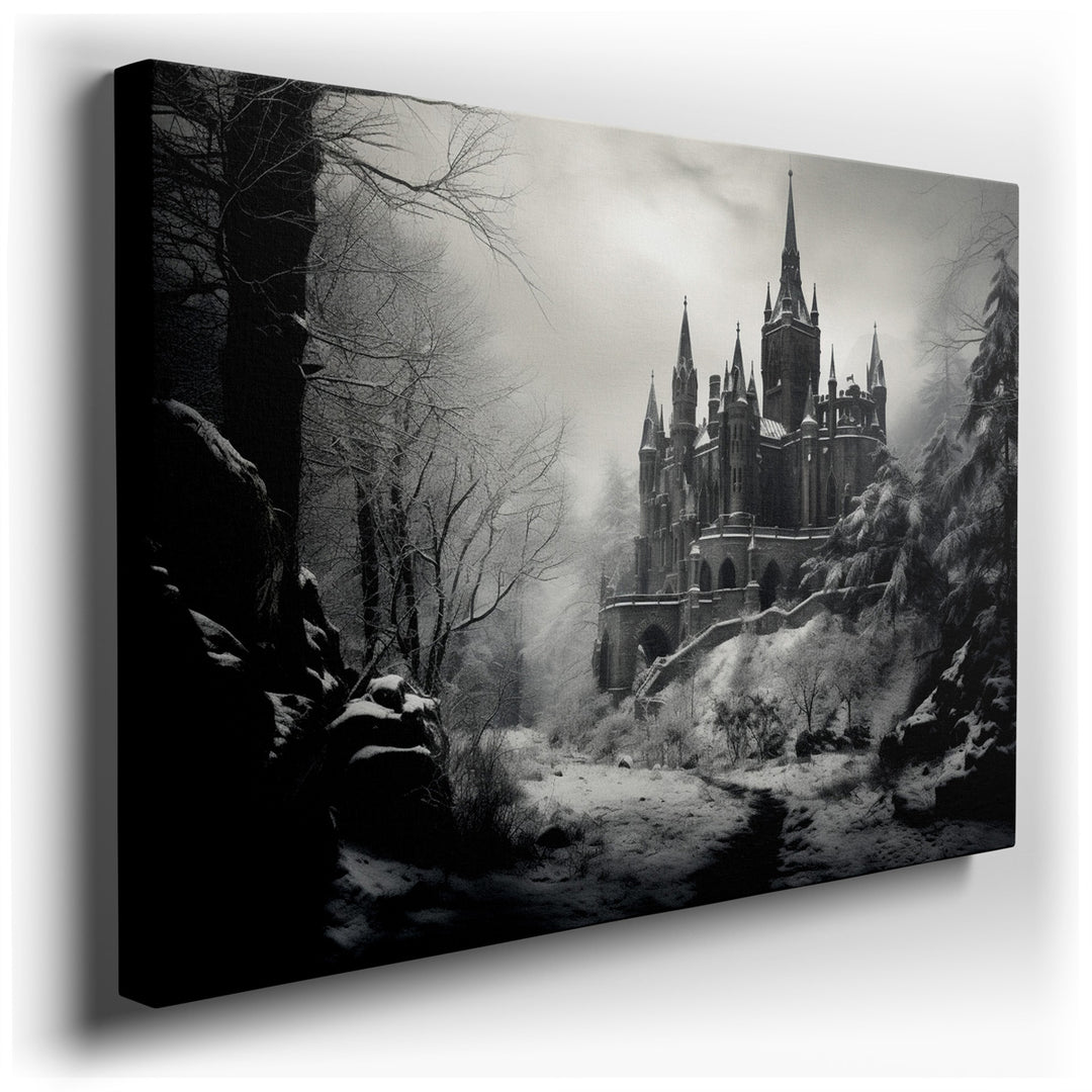 canvas print on wrapped canvas for wall decor – Imagine a wall art that captures the essence of a winter wonderland, where a magnificent castle stands as the centerpiec...