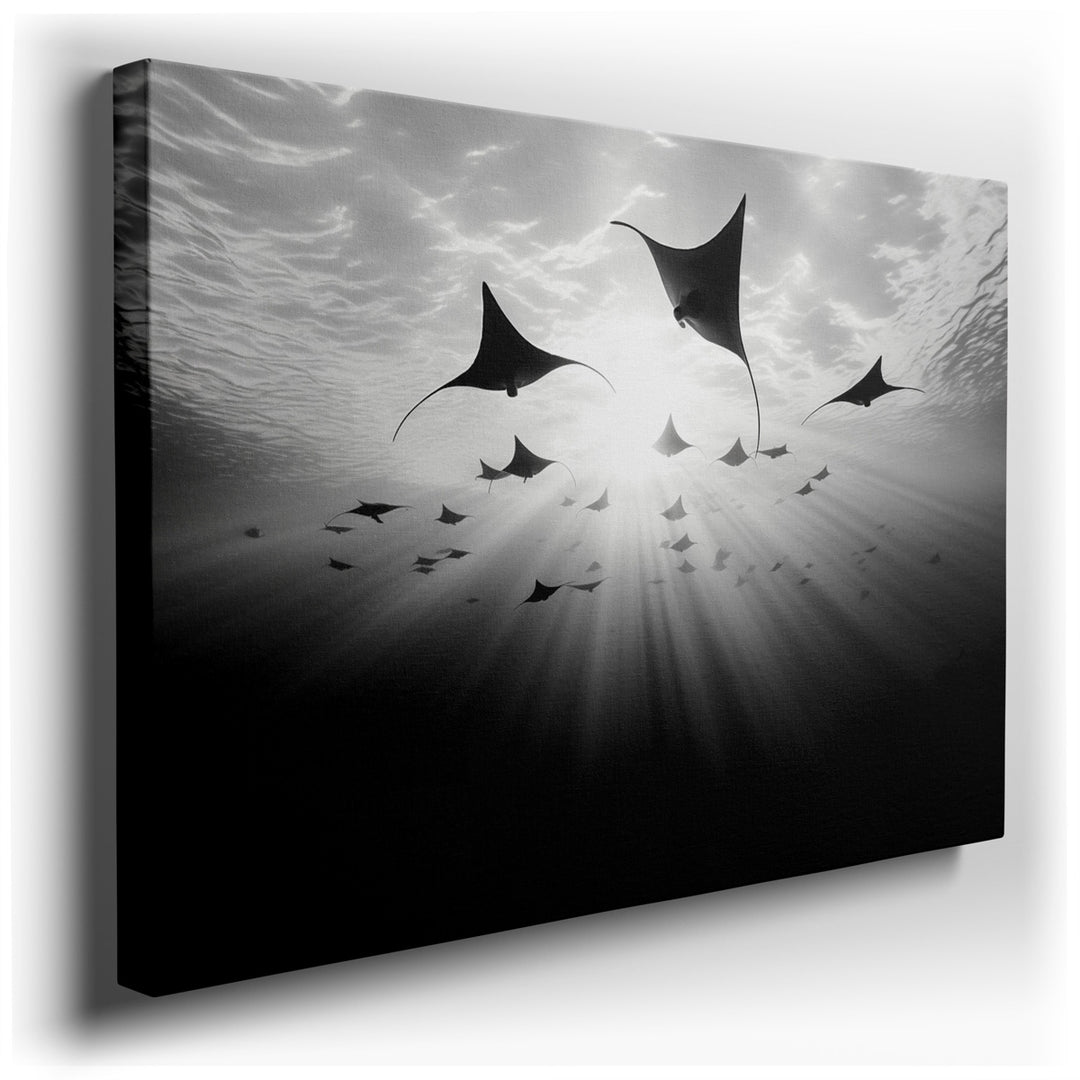 canvas print on wrapped canvas for wall decor – This captivating wall art portrays a school of manta rays, elegantly gliding through the tranquil waters beneath the oce...