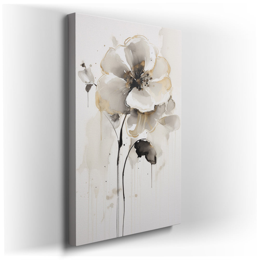 canvas print on wrapped canvas for wall decor – This exquisite wall art, an elegant monochrome watercolor of a flower, is delicately adorned with soft gold accents that...