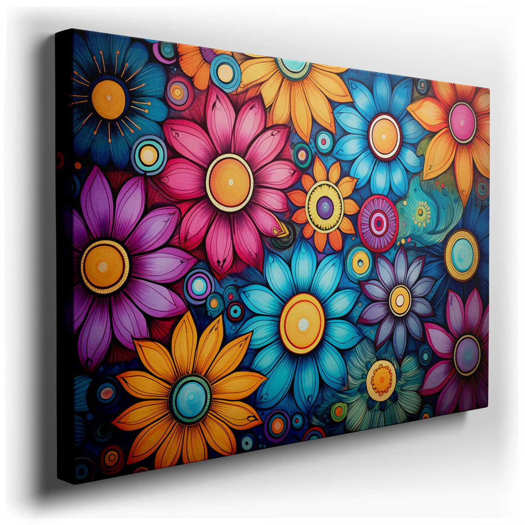 canvas print on wrapped canvas for wall decor – This enchanting wall art captures a delightful array of colorful flowers, each bloom meticulously detailed to showcase i...
