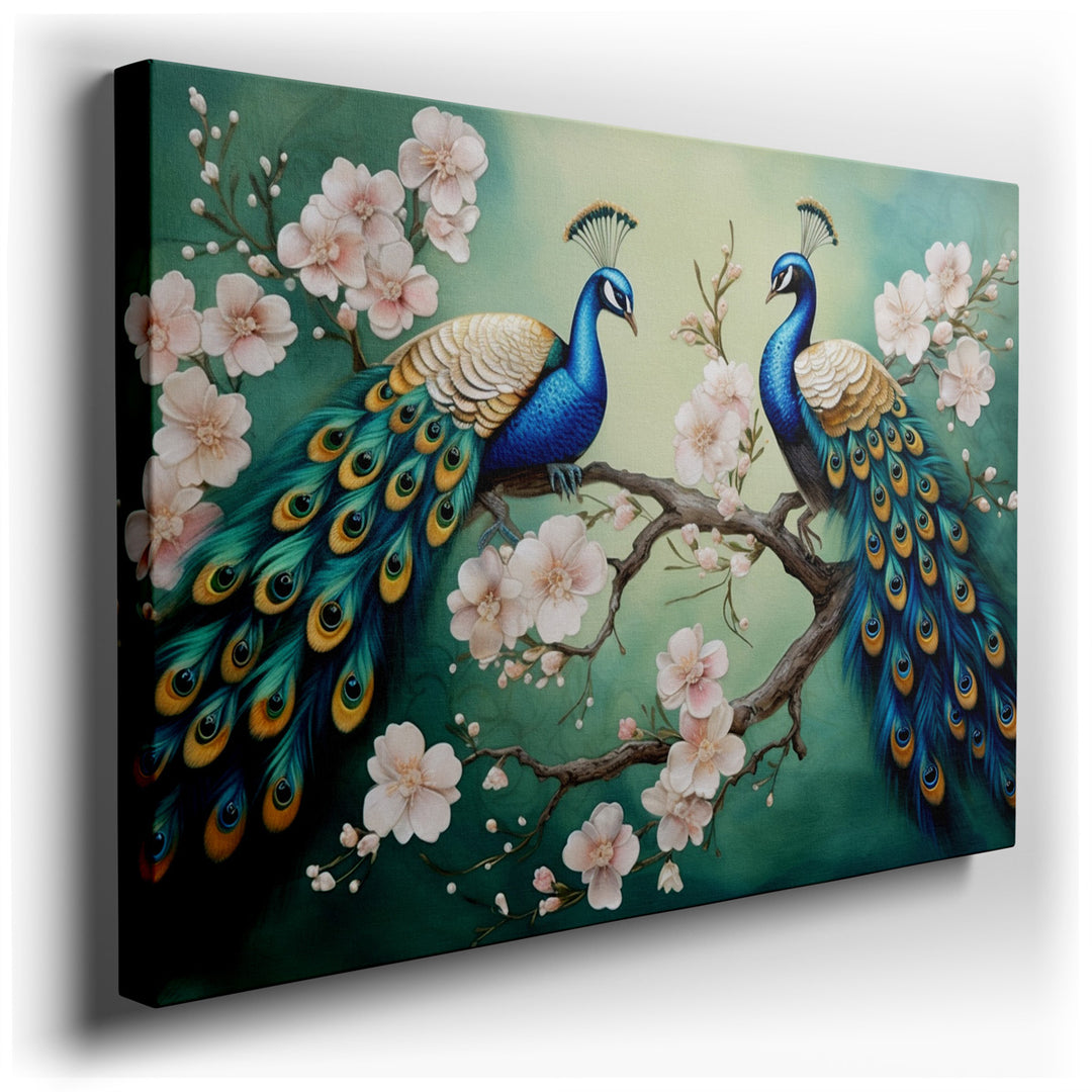 canvas print on wrapped canvas for wall decor – This enchanting wall art, a masterful depiction of nature's elegance, features a pair of peacocks gracefully intertwined...