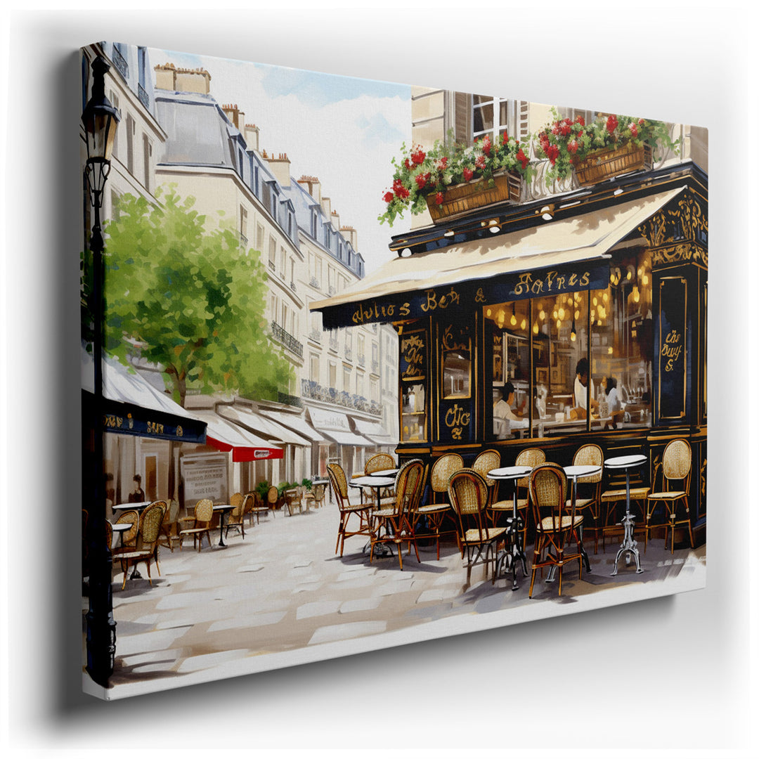 canvas print on wrapped canvas for wall decor – This enchanting wall art vividly portrays a quintessential Parisian café, a scene that is both timeless and inviting. Th...