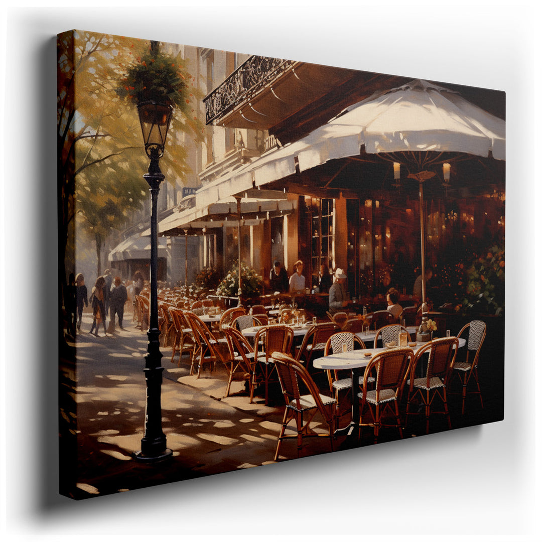 canvas print on wrapped canvas for wall decor – This wall art, a quintessential depiction of a Parisian café, exudes an atmosphere of relaxed elegance and urban charm....