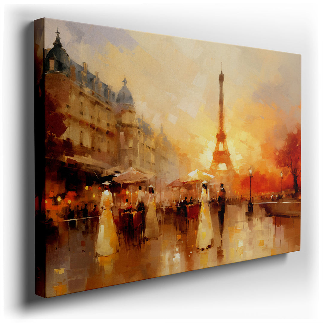 canvas print on wrapped canvas for wall decor – This captivating wall art invites viewers into a quintessentially Parisian scene, where the majestic Eiffel Tower rises...