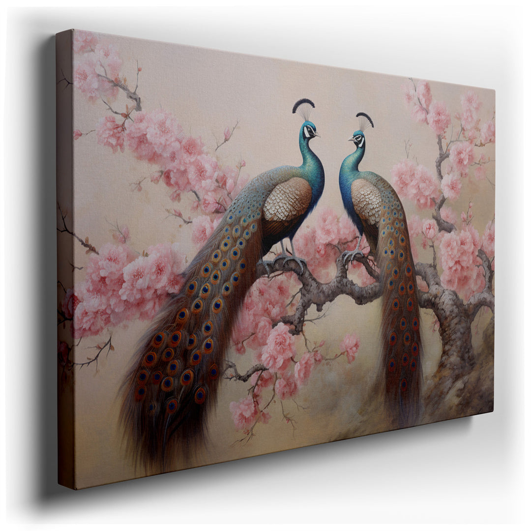 canvas print on wrapped canvas for wall decor – This exquisite wall art captures the serene and majestic beauty of two peacocks perched on a delicately blooming cherry...