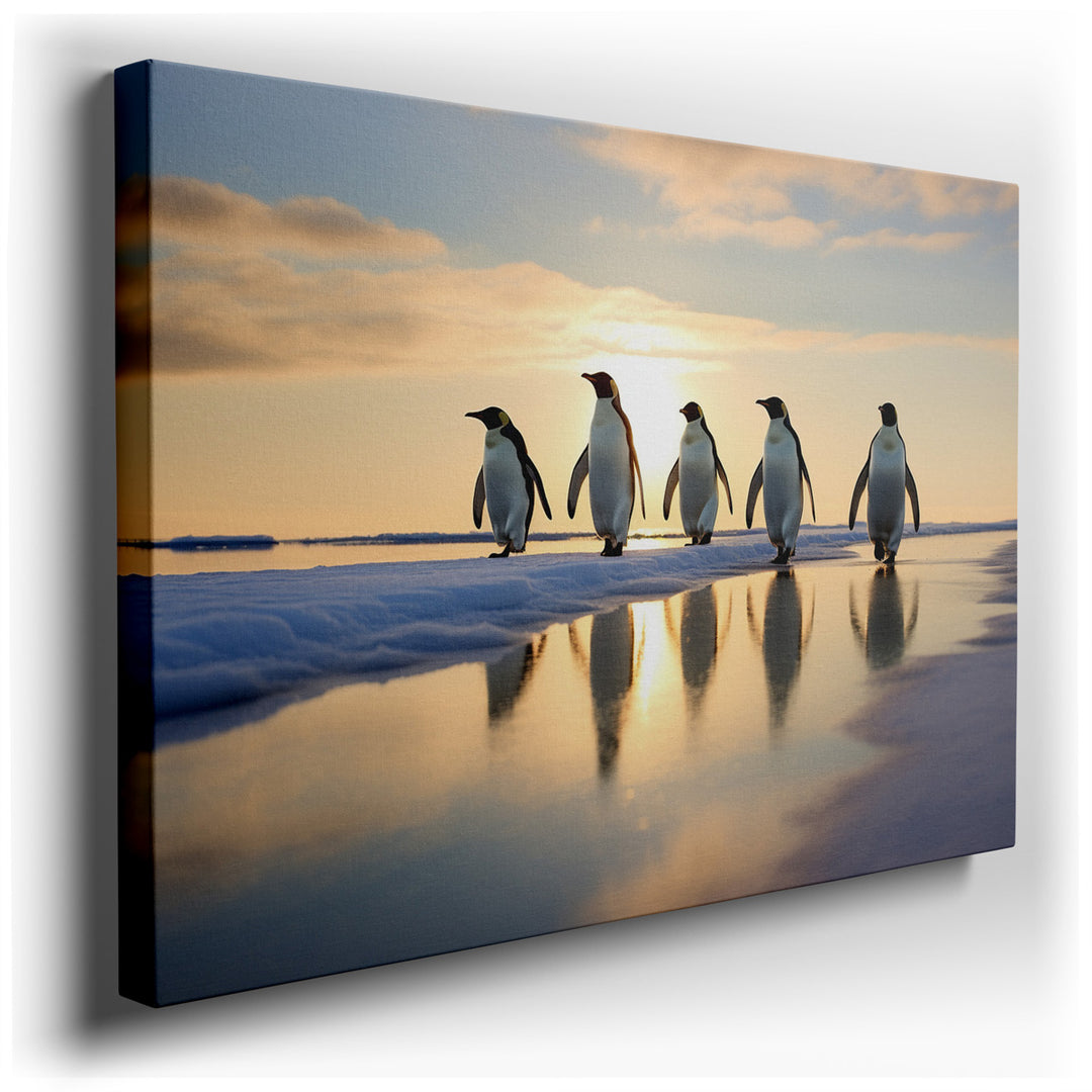 canvas print on wrapped canvas for wall decor – This captivating wall art portrays a serene assembly of elegant penguins ambling gracefully along a glistening icy shore...