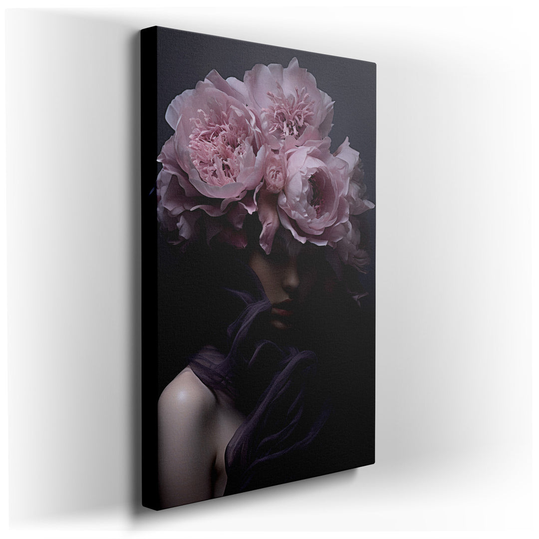 canvas print on wrapped canvas for wall decor – This wall art, a captivating portrayal of a female model adorned with a lavish pink floral crown, is a masterpiece that...