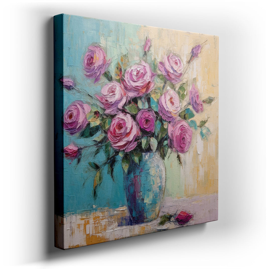 canvas print on wrapped canvas for wall decor – This wall art, a captivating composition of pink roses arranged in an elegantly crafted vase, is a masterpiece that comb...