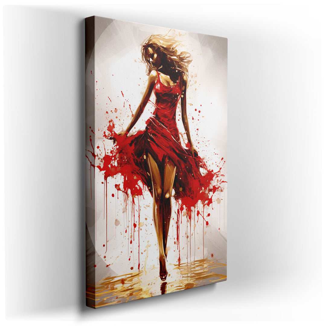 canvas print on wrapped canvas for wall decor – This captivating wall art portrays a beautiful woman clad in a flowing red dress, a symbol of grace and power that domin...