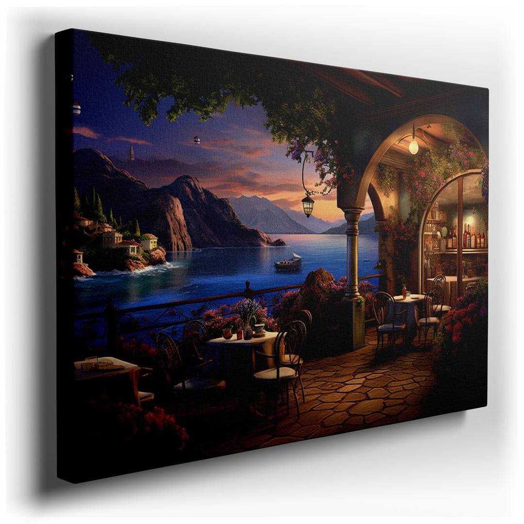 canvas print on wrapped canvas for wall decor – Imagine a wall art that captures the essence of a serene evening at a seaside restaurant, a canvas that brings the tranq...