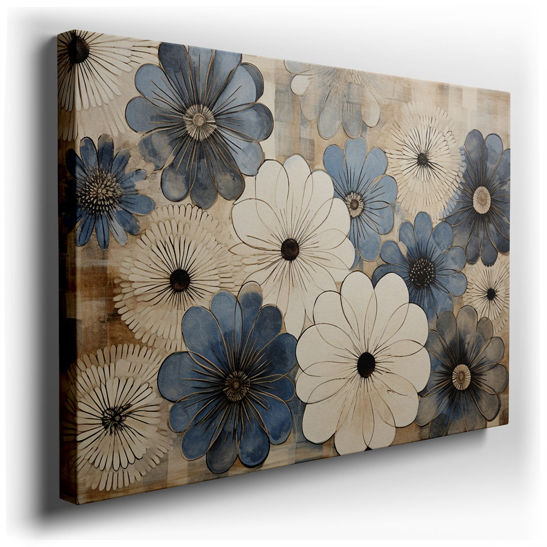 canvas print on wrapped canvas for wall decor – This exquisite wall art, featuring a stylized design of blue and white flowers set against a warm background, masterfull...