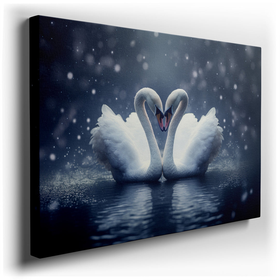 canvas print on wrapped canvas for wall decor – This enchanting wall art captures a serene moment in nature, where two elegant swans come together in a tranquil body of...