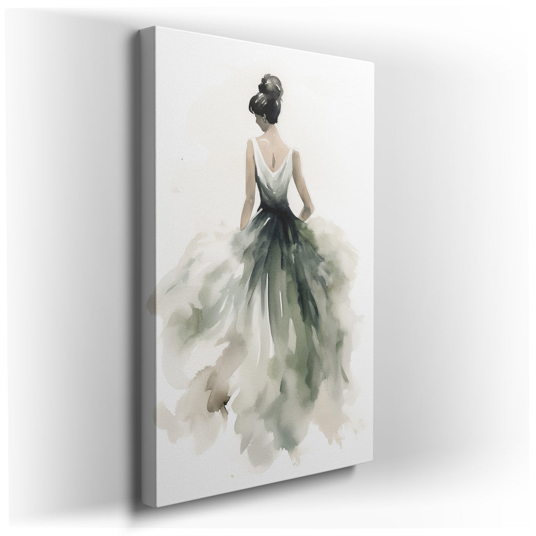 canvas print on wrapped canvas for wall decor – This exquisite wall art, rendered in a delicate watercolor style, portrays a woman exuding grace and poise. Her attire,...