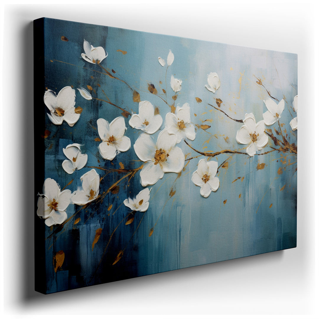 canvas print on wrapped canvas for wall decor – This exquisite wall art, a masterful composition of delicate white flowers set against a serene backdrop of cool blue to...