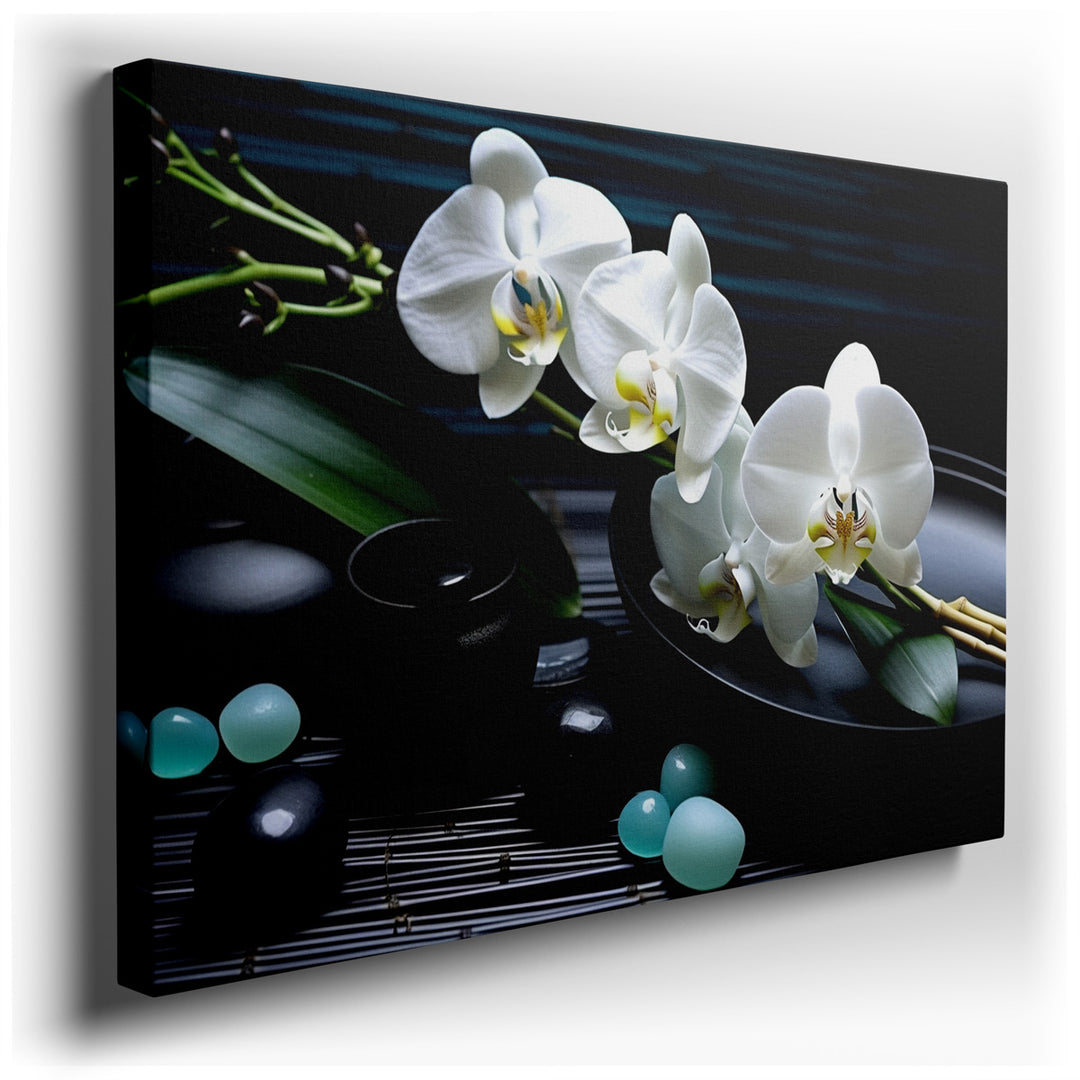 canvas print on wrapped canvas for wall decor – This wall art, a masterful depiction of a cluster of white orchids, exudes an air of elegance and tranquility that trans...