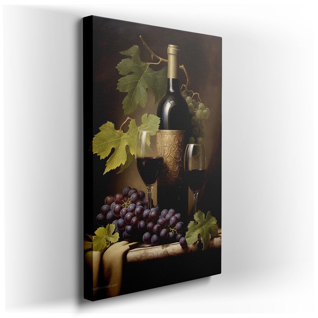 canvas print on wrapped canvas for wall decor – This exquisite wall art captures the essence of a refined evening, centered around the pleasures of wine tasting. The ar...