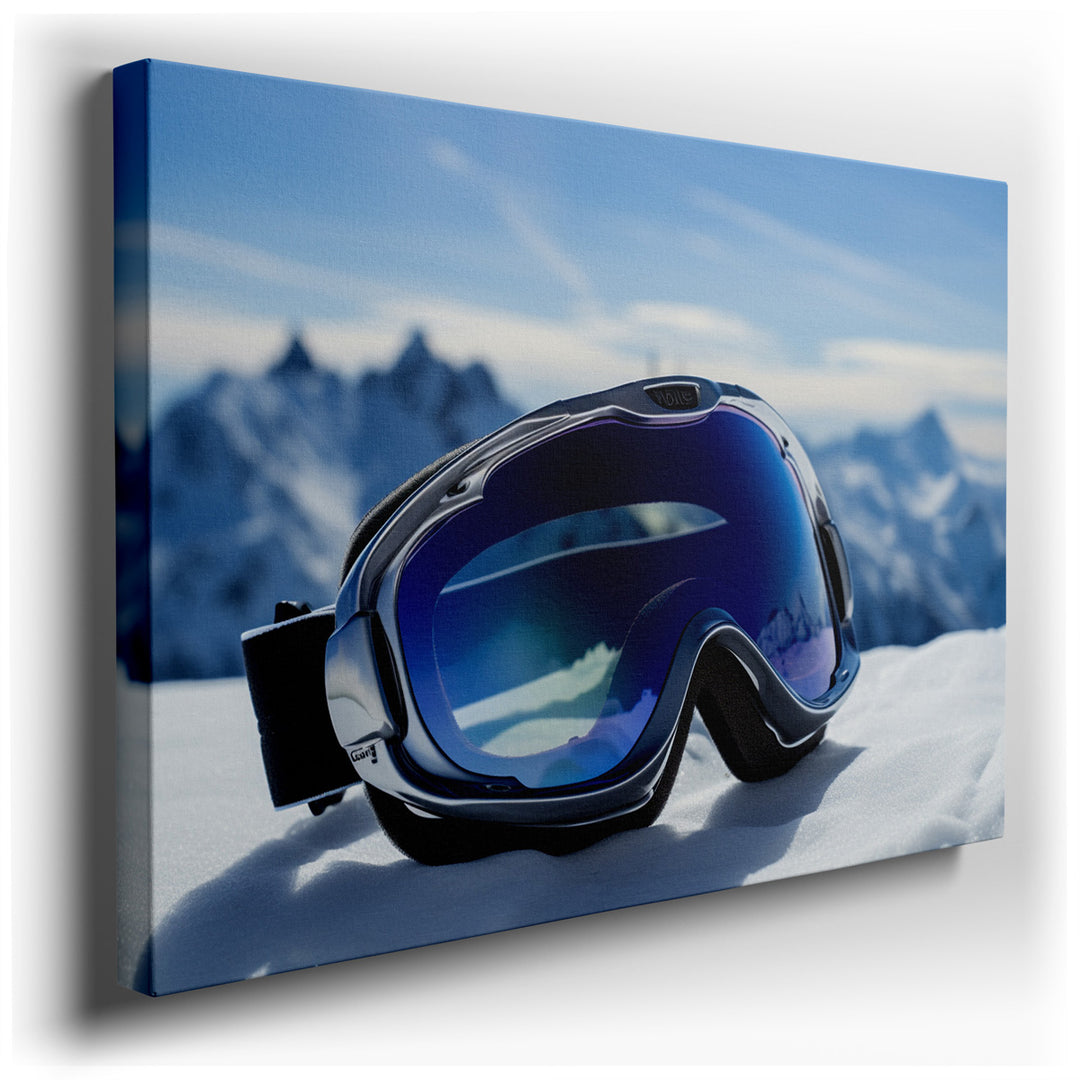 canvas print on wrapped canvas for wall decor – This wall art is a captivating portrayal of the essence of winter sports, featuring a pair of premium ski goggles agains...