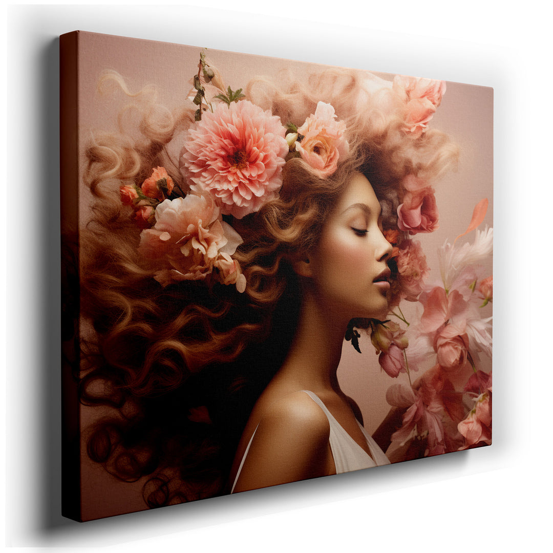 Elegant Woman with Vibrant Floral Cascade in Curly Hair Symbolizing Natural Feminine Allure, Large Canvas Wall Art
