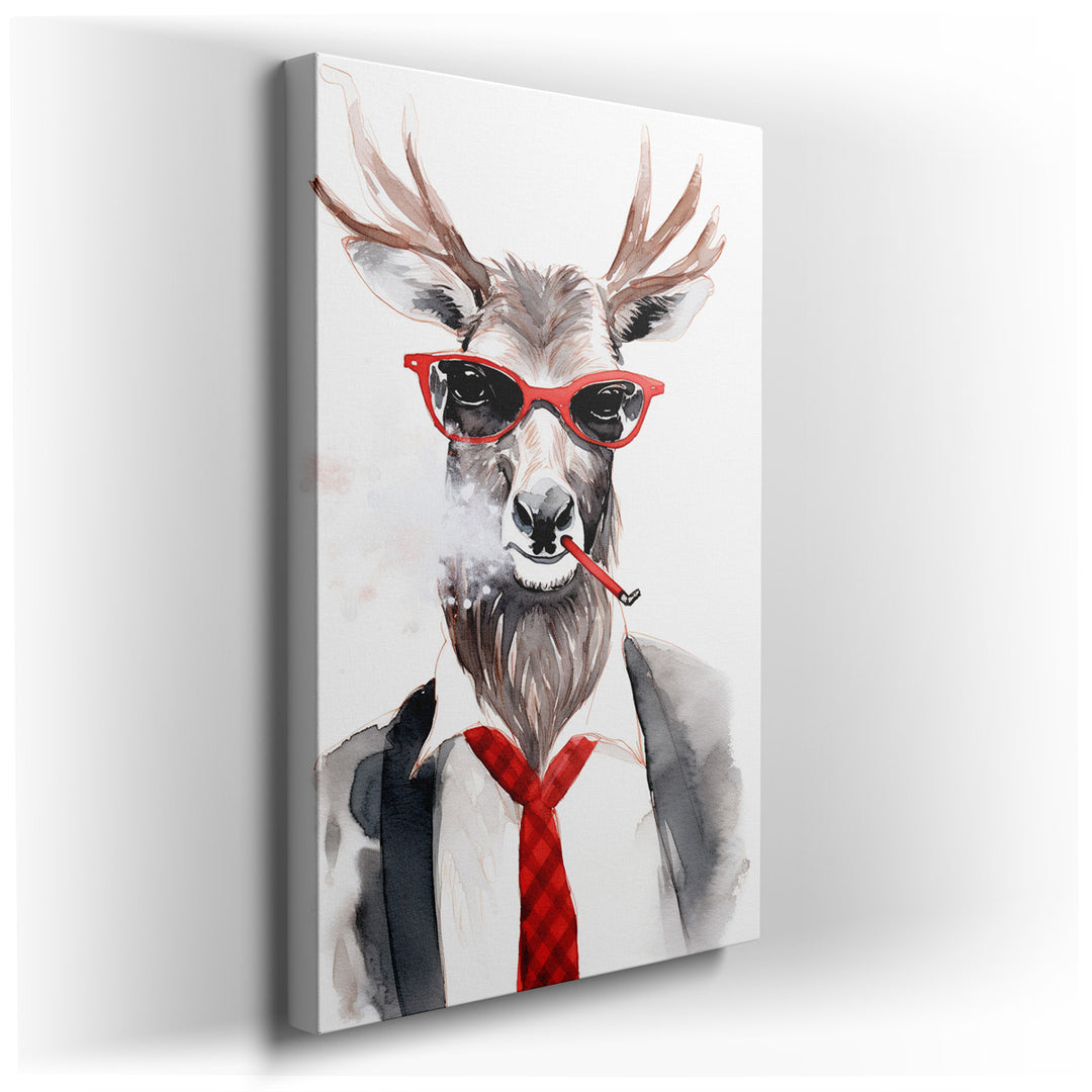 canvas print on wrapped canvas for wall decor – This captivating wall art portrays a whimsical and stylish deer character that exudes a unique blend of animal charm and...
