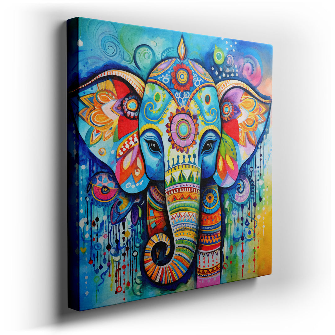 canvas print on wrapped canvas for wall decor – This captivating wall art is a masterful depiction of an elephant, rendered in a style inspired by the spiritual and sym...