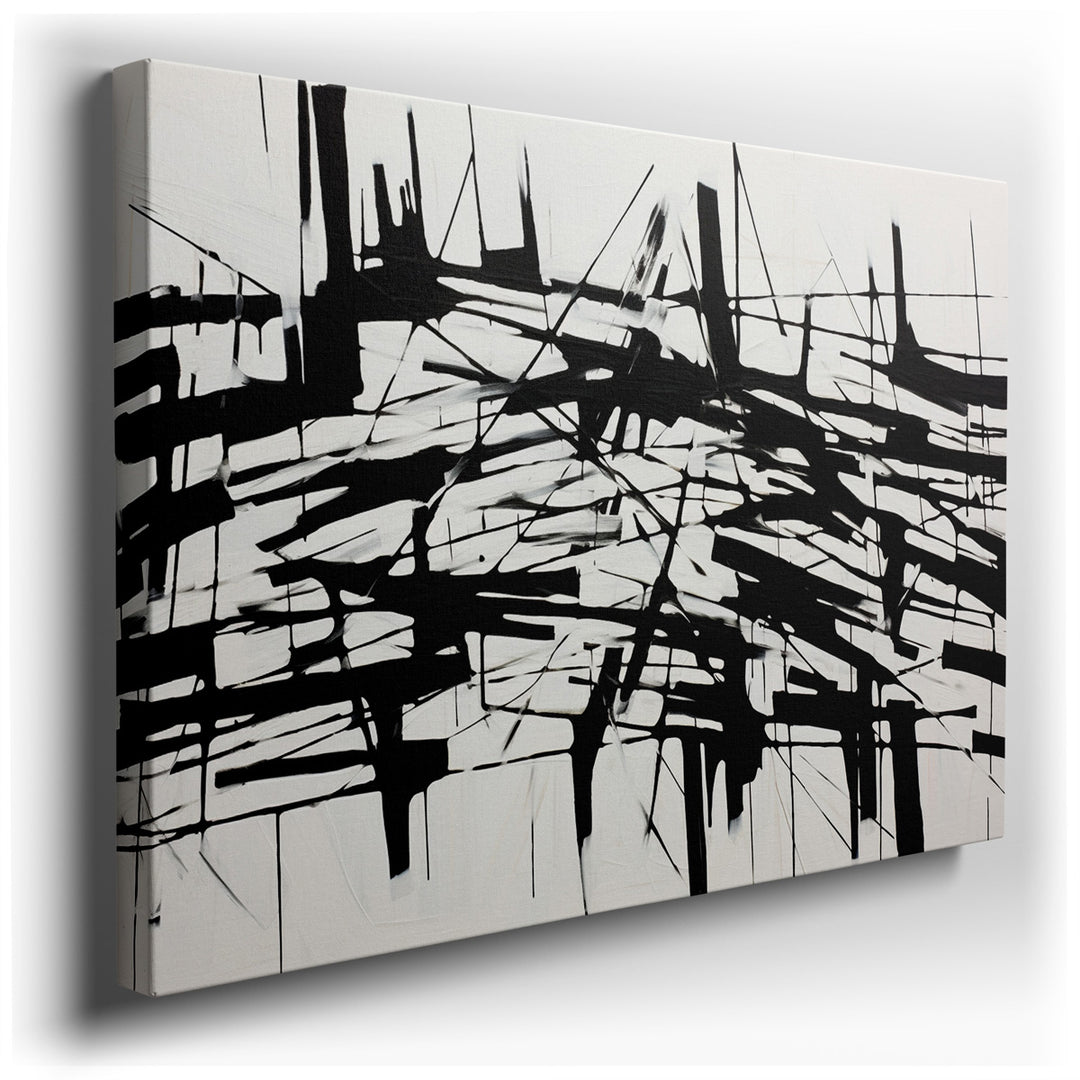 canvas print on wrapped canvas for wall decor – This captivating wall art is a masterful representation of abstract art, where bold black lines crisscross and intersect...