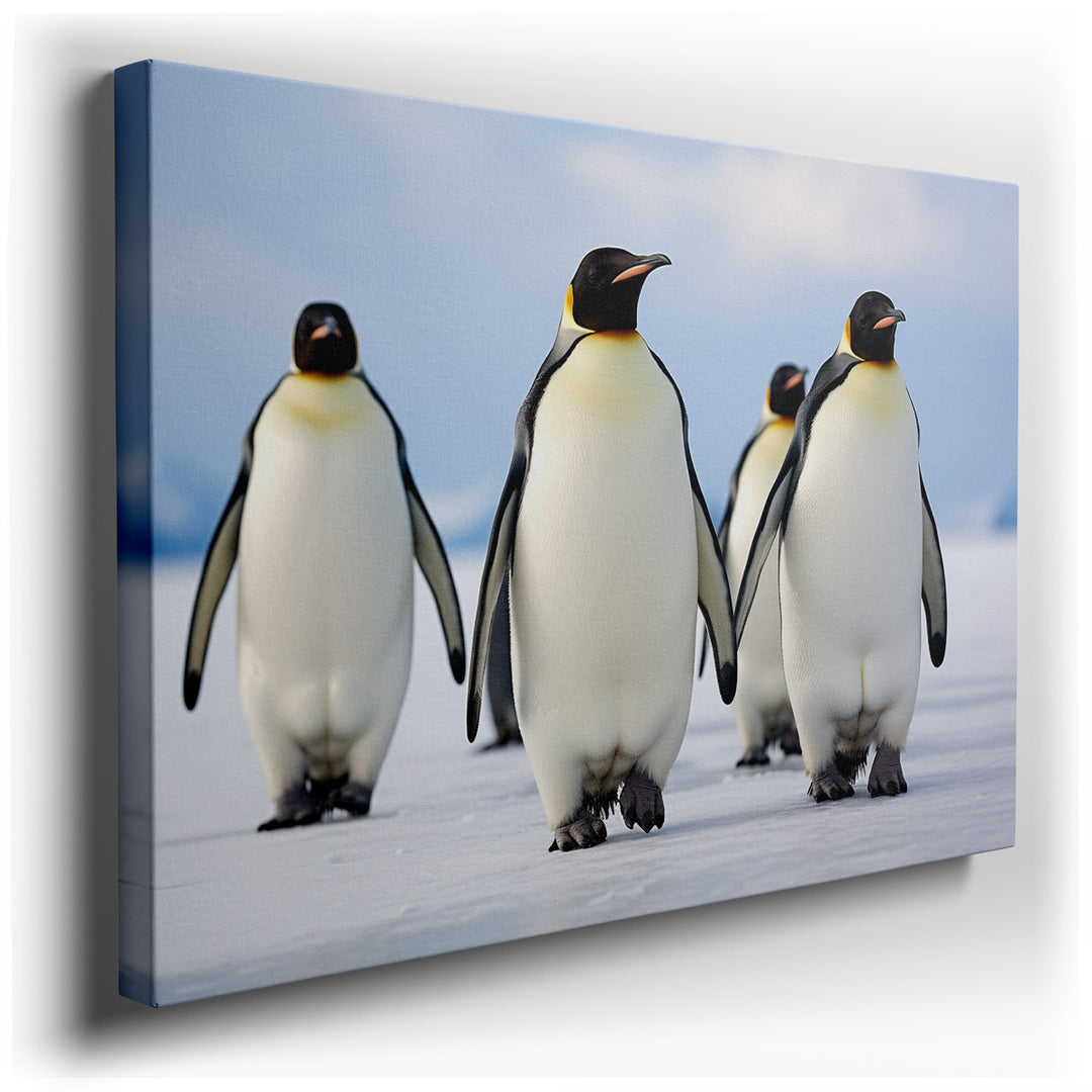 canvas print on wrapped canvas for wall decor – This wall art captures a mesmerizing moment in the heart of Antarctica, where a group of emperor penguins gracefully tra...