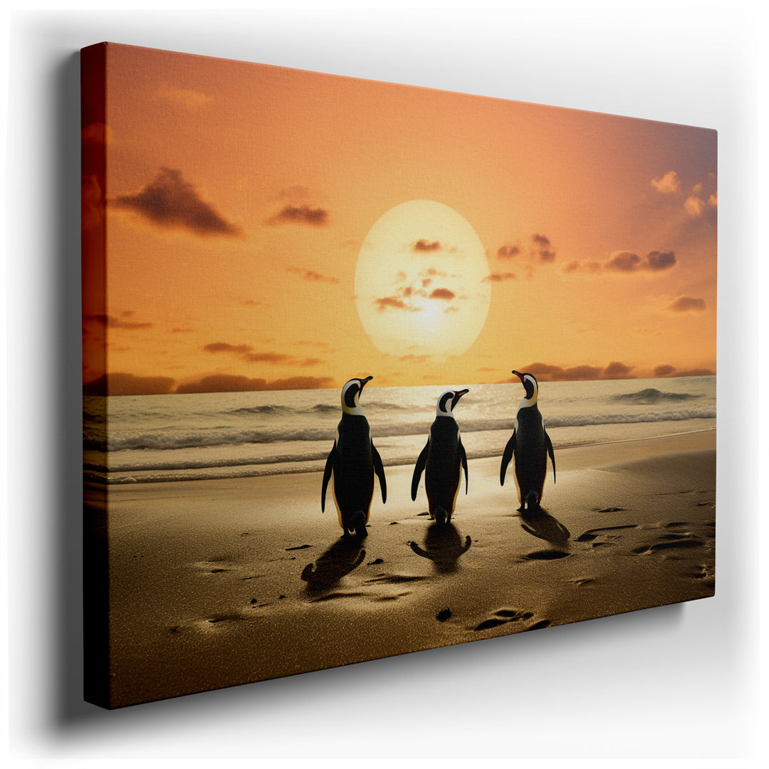 canvas print on wrapped canvas for wall decor – This captivating wall art portrays a trio of emperor penguins standing majestically on a sandy beach as the sun sets in...