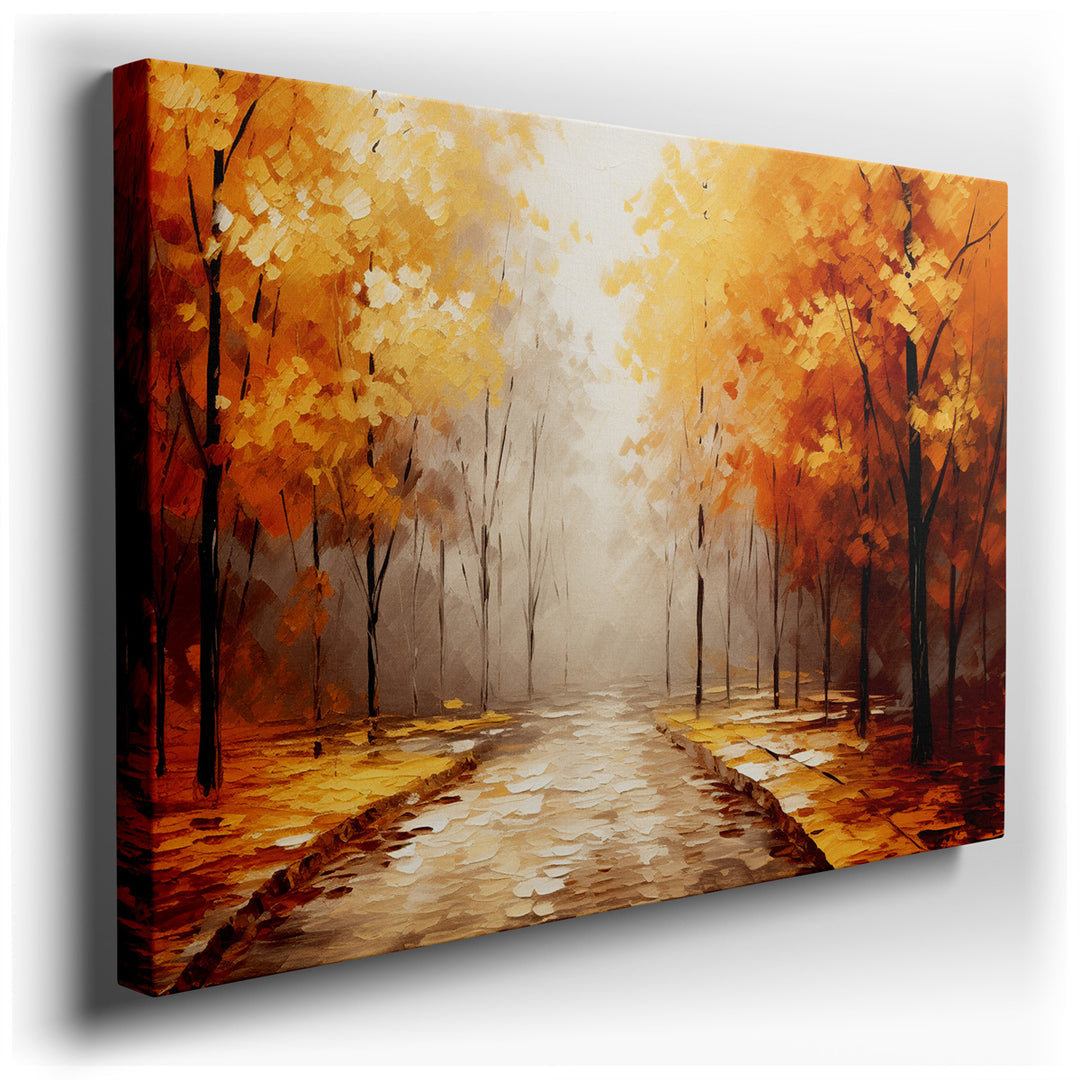 canvas print on wrapped canvas for wall decor – This captivating wall art portrays a tranquil pathway during the enchanting season of autumn, a scene that invites viewe...